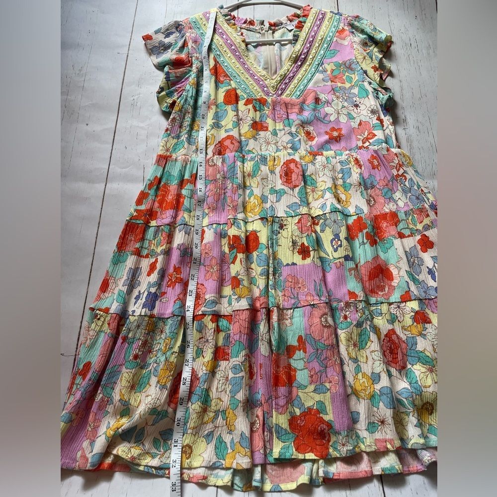 FATE Medium floral babydoll dress 100% Rayon lined lace green yellow purple - Picture 11 of 14
